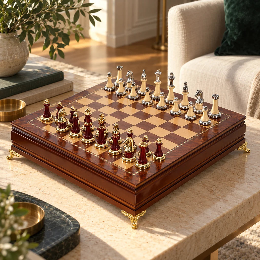 Jeu d’échecs L’Écrin — mis en scène dans un salon