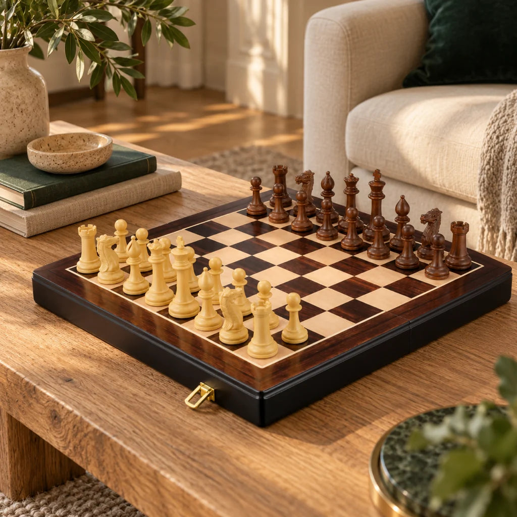 Jeu d’échecs Le Saint-Cloud — mis en scène dans un salon