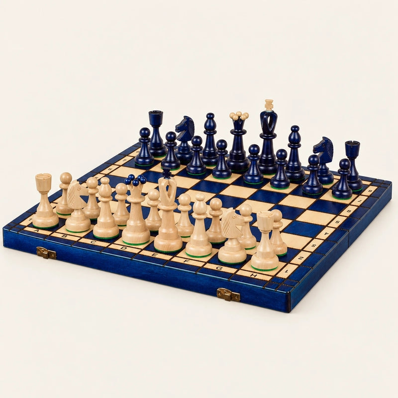 Jeu d’échecs L’Atlantique bleu en bois — le jeu complet sur fond crème