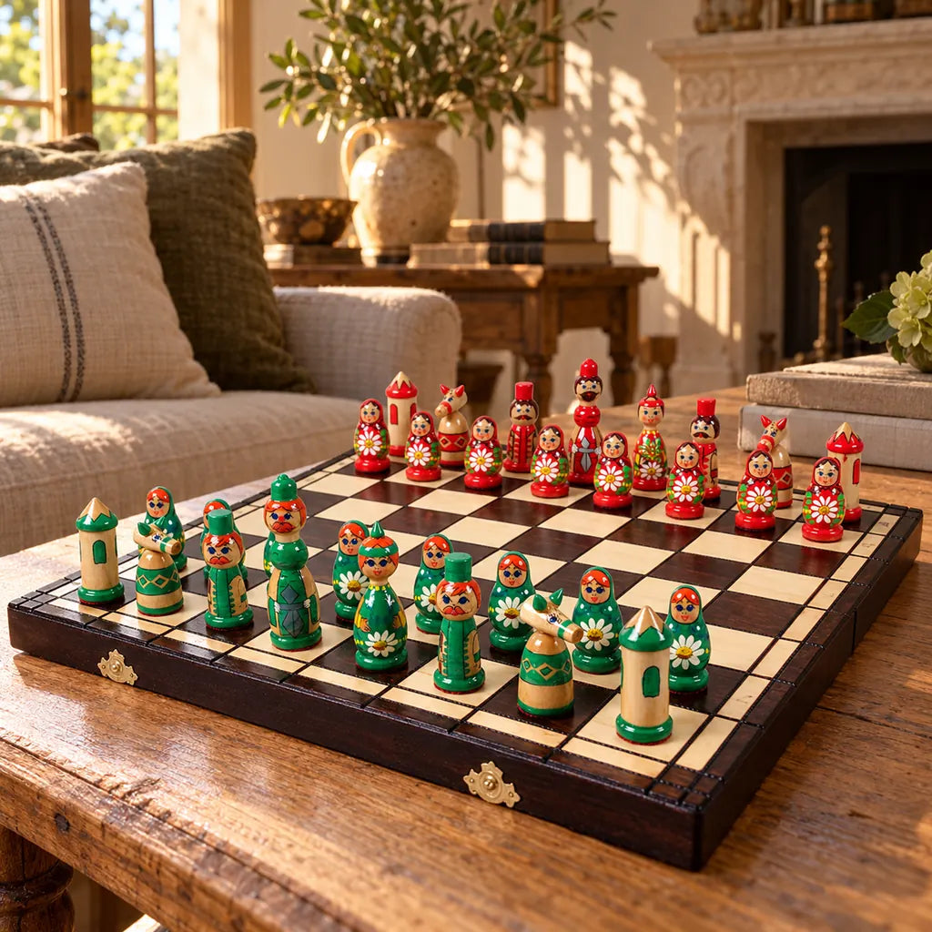 Jeu d’échecs La Matriochka — mis en scène dans un salon