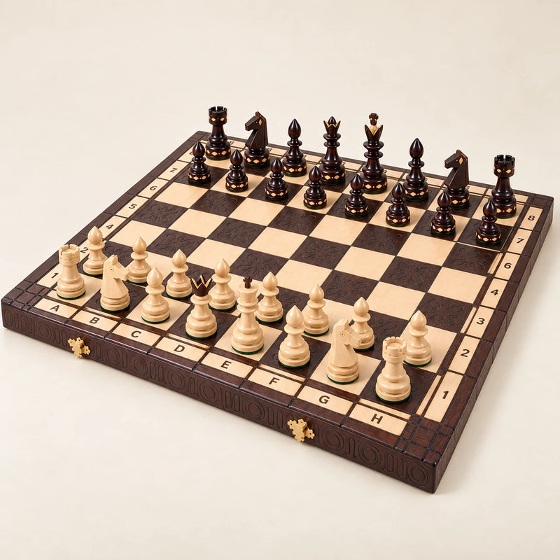 Jeu d’échecs Le Chambord — vue d’ensemble sur fond crème