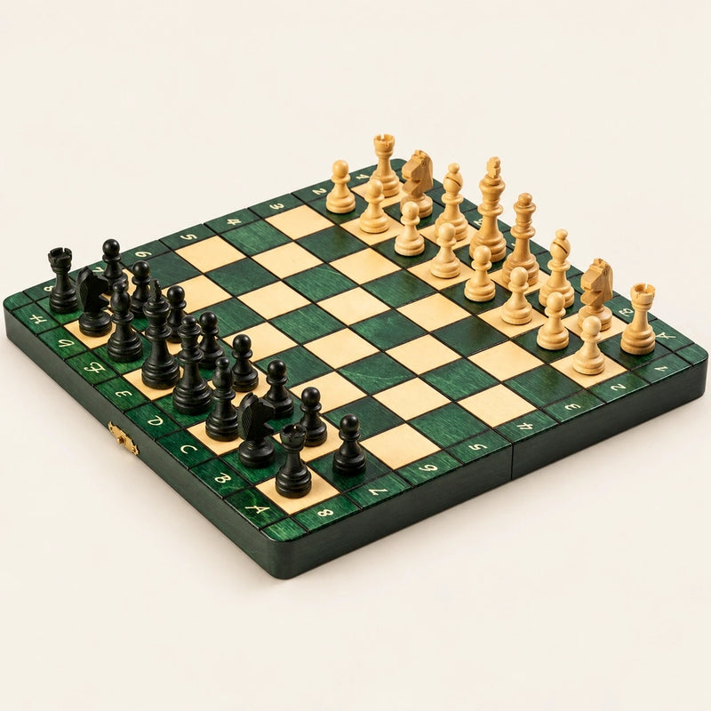 Jeu d’échecs Le Nomade vert magnétique en bois — le jeu complet sur fond crème