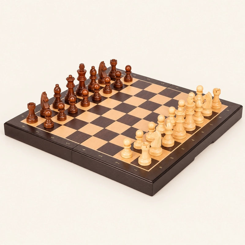 Jeu d’échecs Le Nomade ébène magnétique — le jeu complet sur fond crème