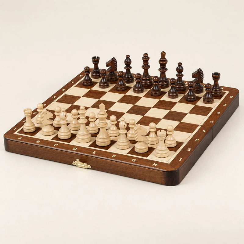 Jeu d’échecs Le Nomade marqueté magnétique — le jeu complet sur fond crème