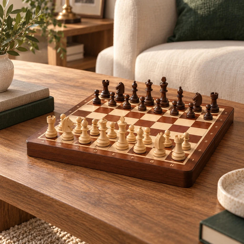Jeu d’échecs Le Nomade marqueté — mis en scène dans un salon