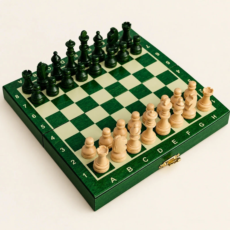 Jeu d’échecs Le Petit Nomade vert magnétique — le jeu complet sur fond crème