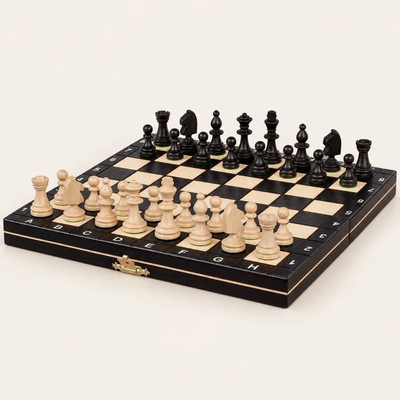 Jeu d’échecs Le Nomade noir magnétique — le jeu complet sur fond crème