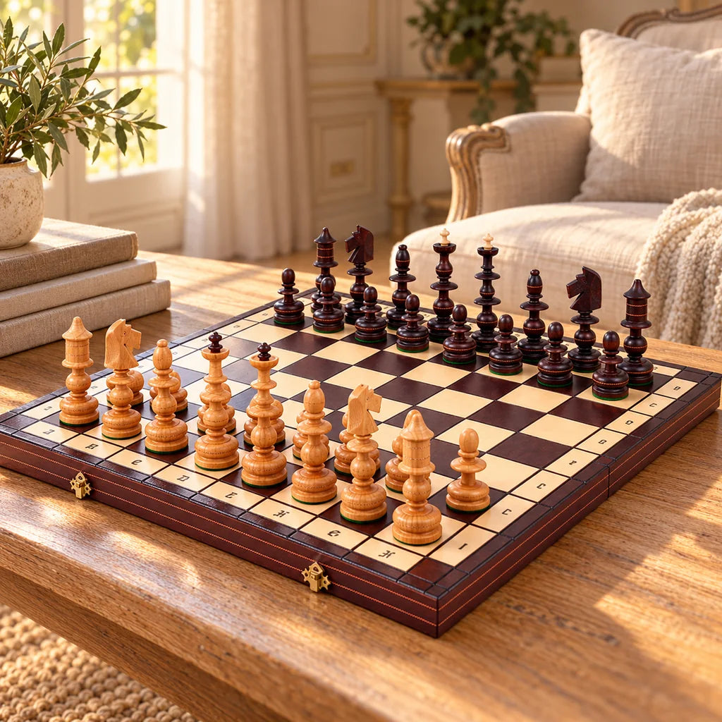 Jeu d’échecs Le Varsovie — mis en scène dans un salon