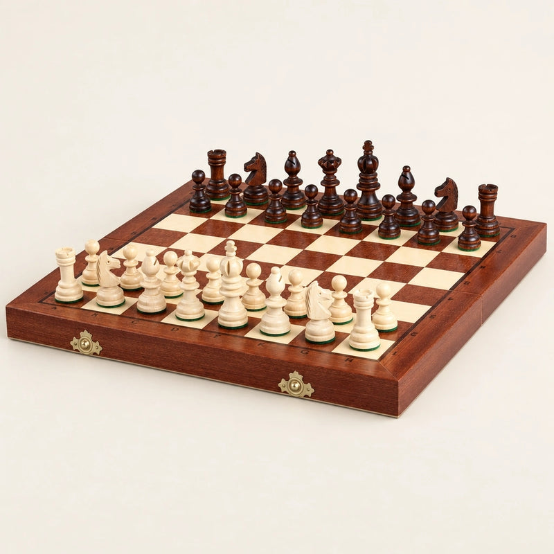 Jeu d’échecs Le Vendôme en bois marqueté — le jeu complet en position de départ sur fond crème