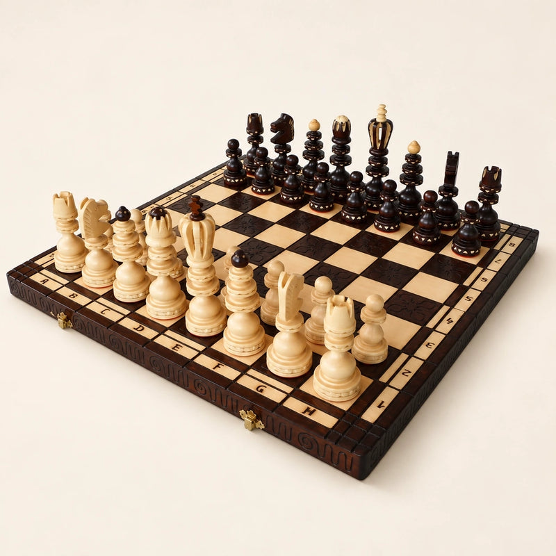 Jeu d’échecs L’Empereur en bois sculpté — le jeu complet sur fond crème
