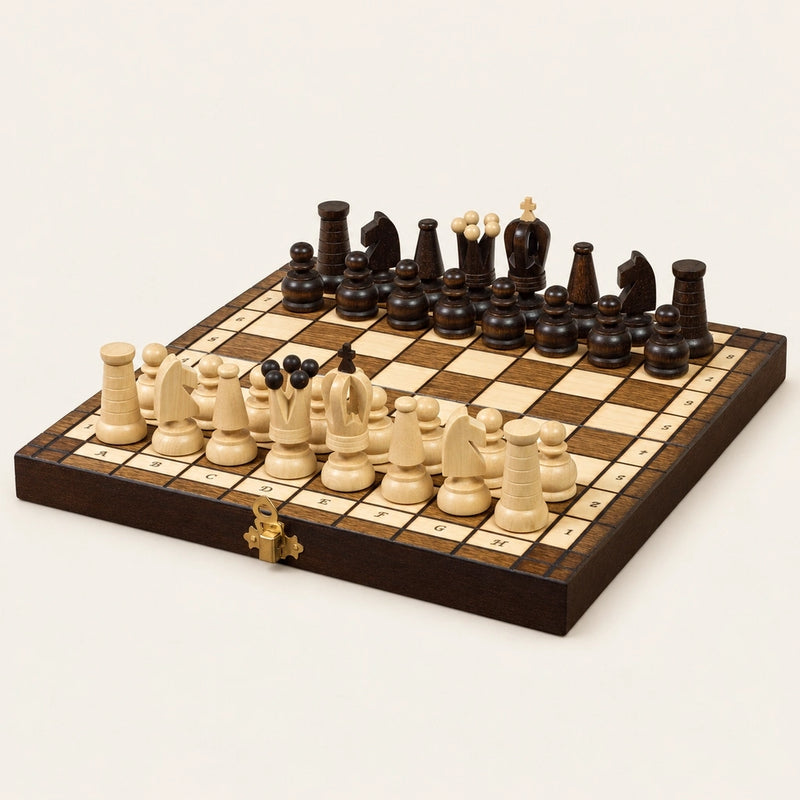 Jeu d’échecs Le Petit Trianon en bois — le jeu complet en position de départ sur fond crème