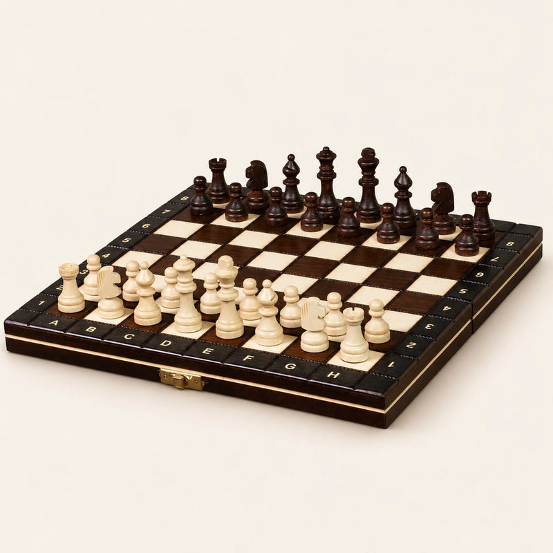Jeu d’échecs L’Apprenti magnétique en bois — le jeu complet sur fond crème