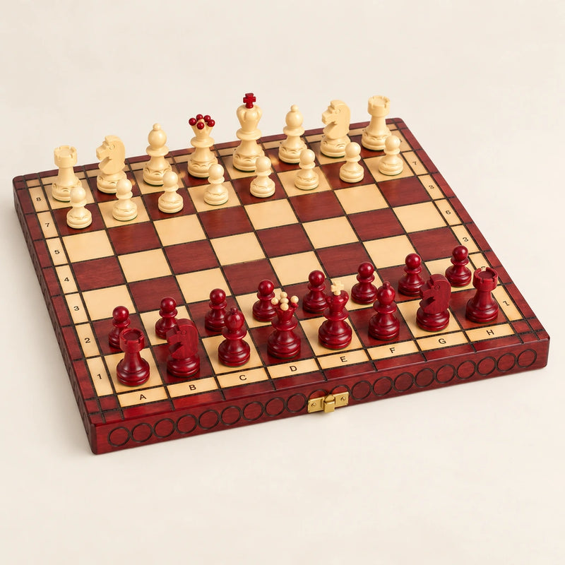 Jeu d’échecs L’Opaline cerise — vue d’ensemble sur fond crème