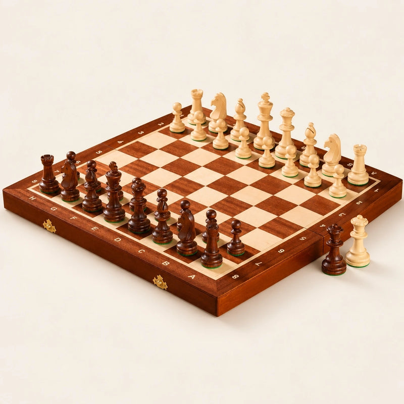 Jeu d’échecs Le Régence n°5 marqueté — le jeu complet sur fond crème