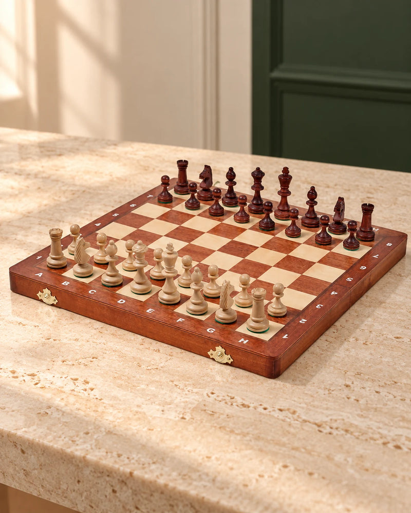 Jeu d’échecs Tournament n°4 doubles dames — le jeu et ses pièces, ambiance premium