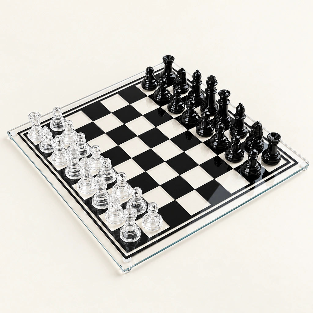 Jeu d’échecs Le Marais en verre — échiquier 35 cm, pièces en verre