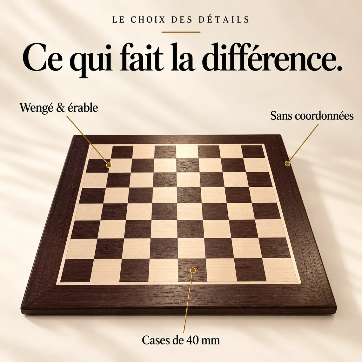 Ce qui fait la différence : Wengé & érable, Sans coordonnées, Cases de 40 mm.
