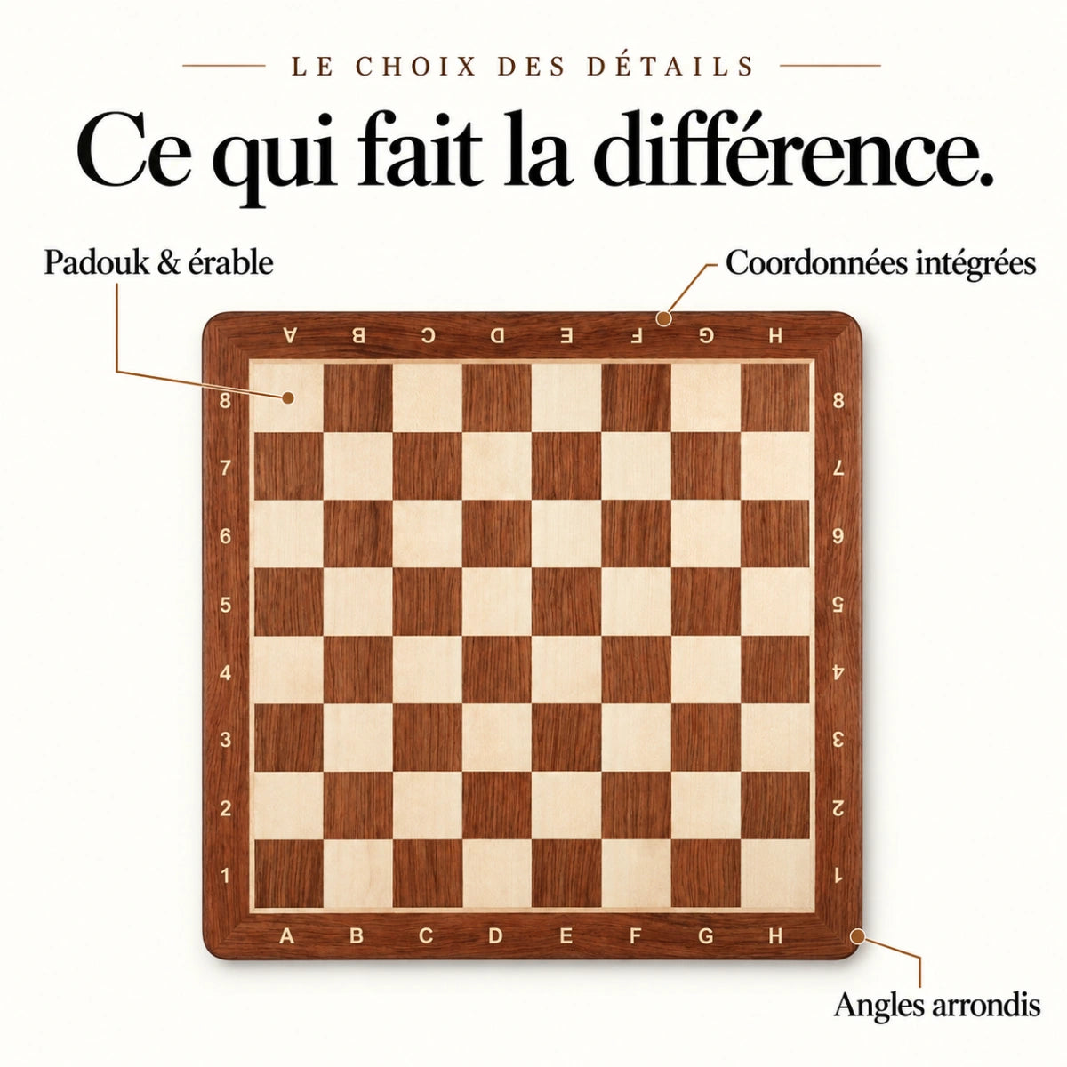 Ce qui fait la différence : Padouk & érable, Coordonnées intégrées, Angles arrondis.
