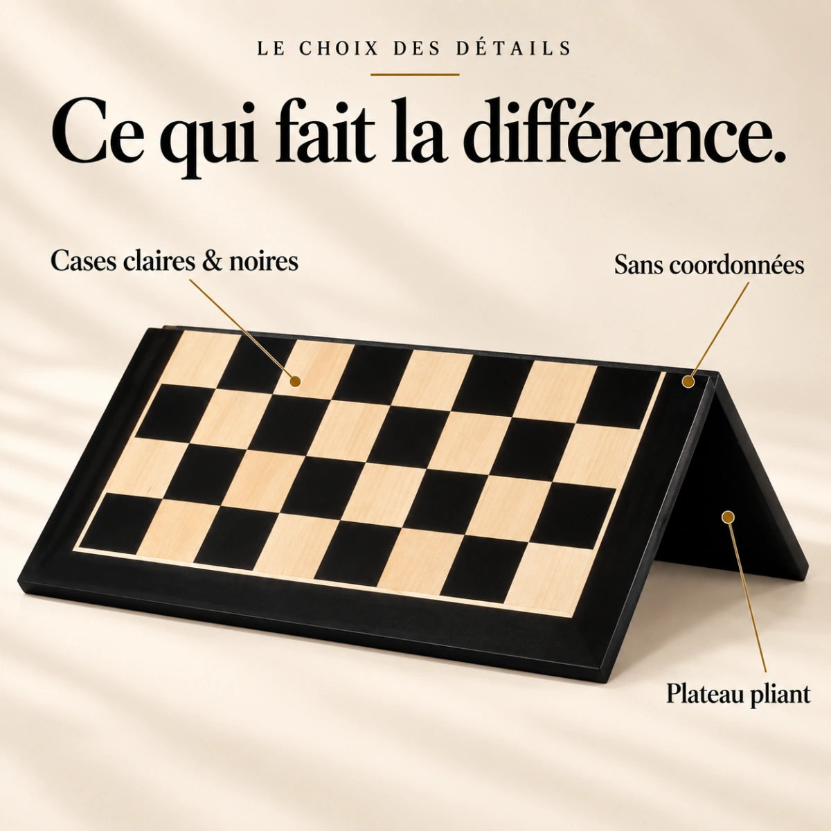 Ce qui fait la différence : Cases claires & noires, Sans coordonnées, Plateau pliant.