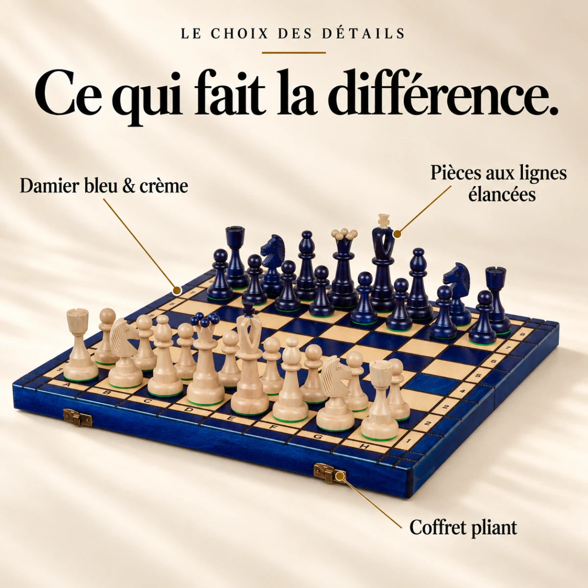 Ce qui fait la différence : Damier bleu & crème, Pièces aux lignes élancées, Coffret pliant.