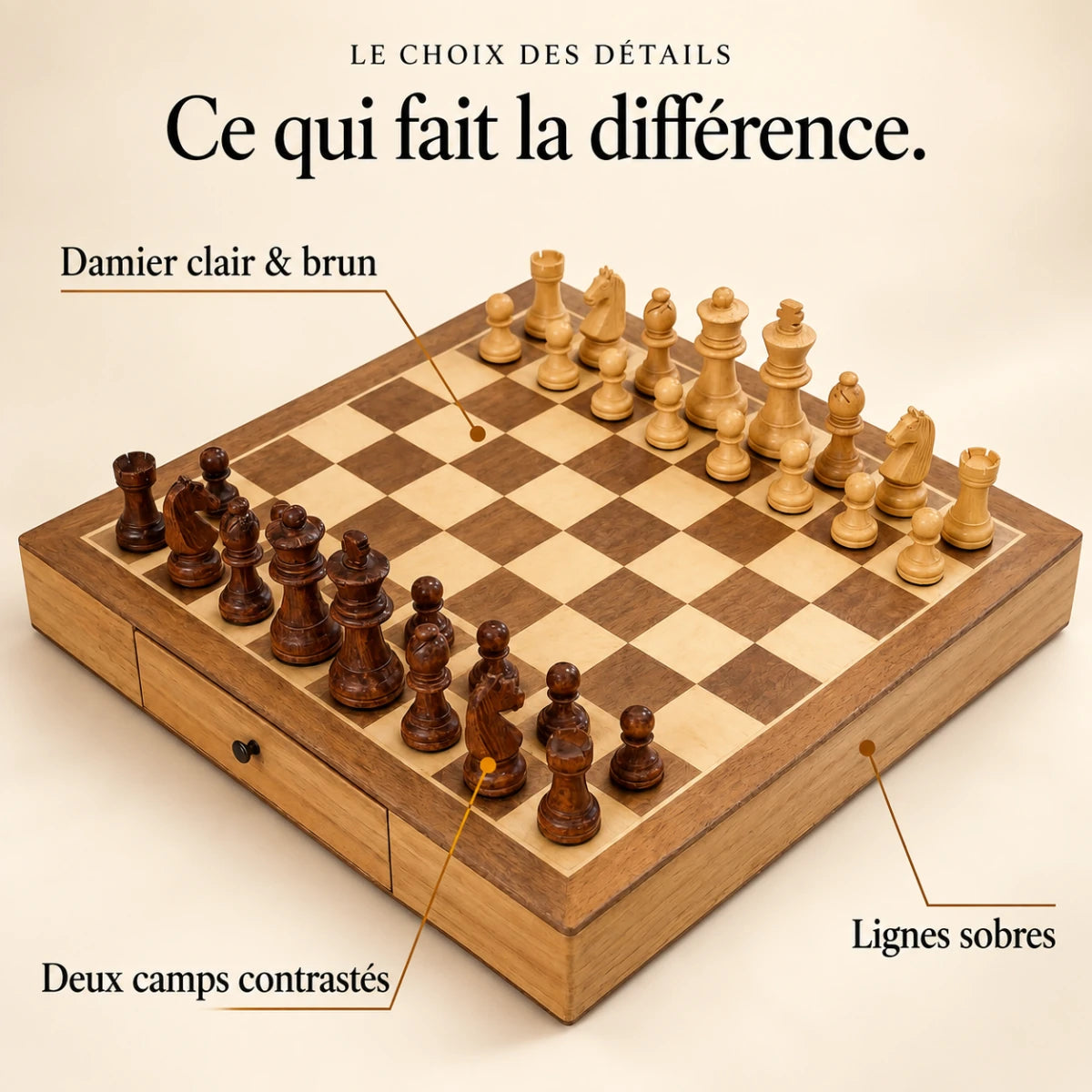 Ce qui fait la différence : Damier clair & brun, Deux camps contrastés, Lignes sobres.