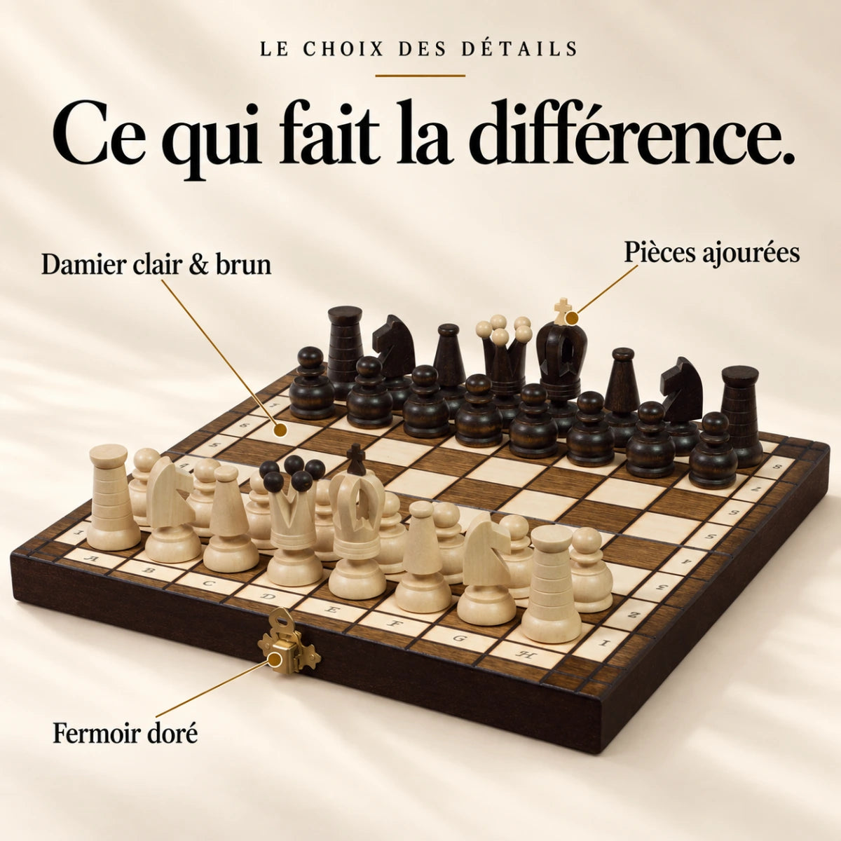 Ce qui fait la différence : Pièces ajourées, Damier clair & brun, Fermoir doré.