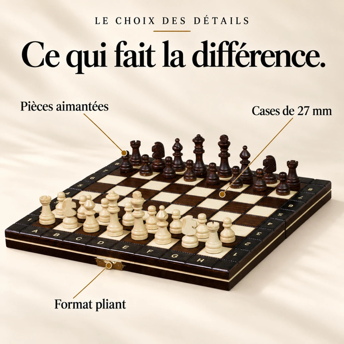 Ce qui fait la différence : Pièces aimantées, Cases de 27 mm, Format pliant.