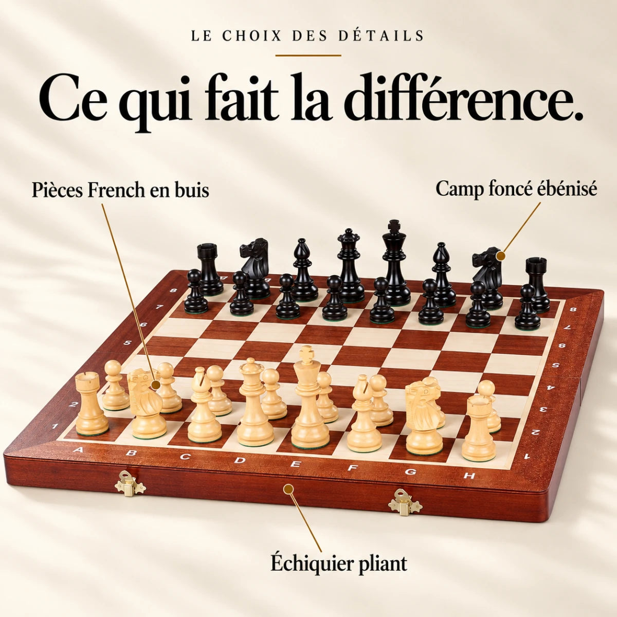 Ce qui fait la différence : Pièces French en buis, Camp foncé ébénisé, Échiquier pliant.