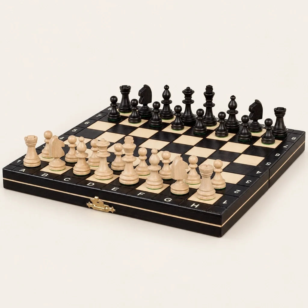 Jeu d’échecs Le Nomade noir magnétique — le jeu complet sur fond crème