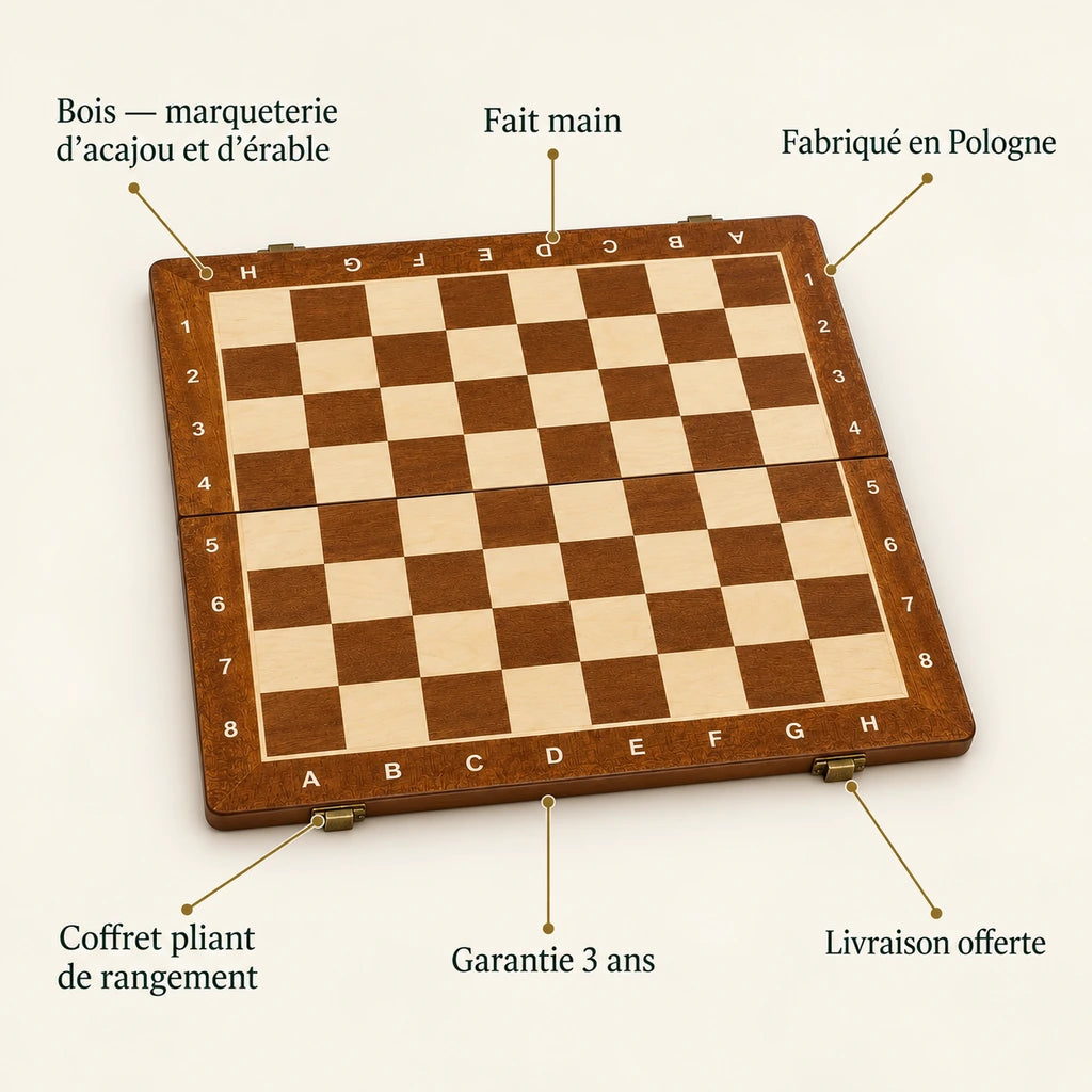 Échiquier seul en coffret pliant — points clés
