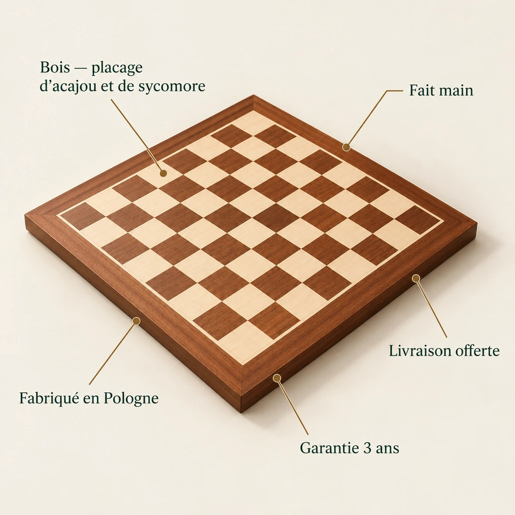 Échiquier seul n°4 acajou et sycomore — points clés