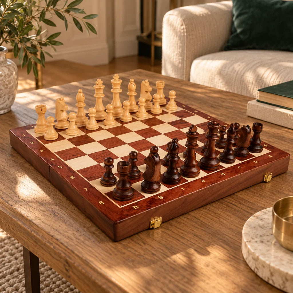 Jeu d’échecs L’Essentiel — mis en scène dans un salon