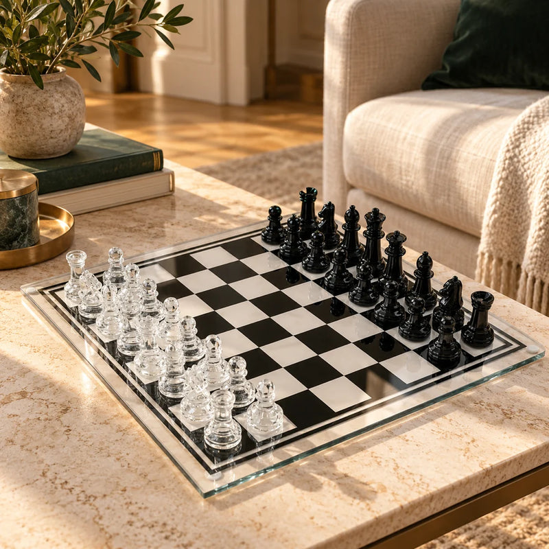Jeu d’échecs Le Marais en verre — mis en scène dans un salon