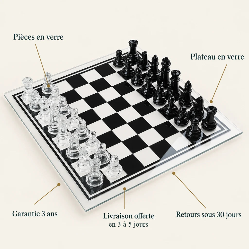 Jeu d’échecs Le Marais en verre — points clés