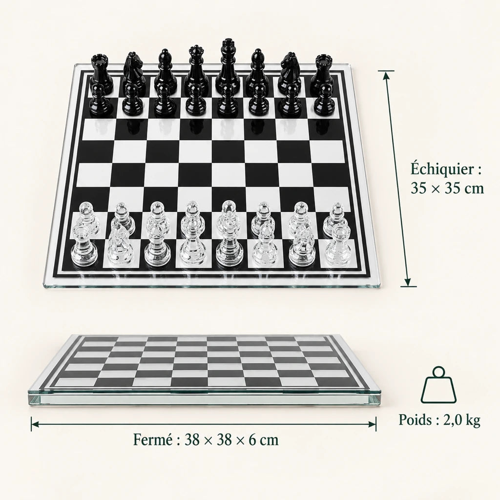 Jeu d’échecs Le Marais en verre — dimensions