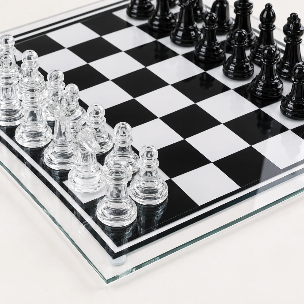 Jeu d’échecs Le Marais en verre — détail du plateau
