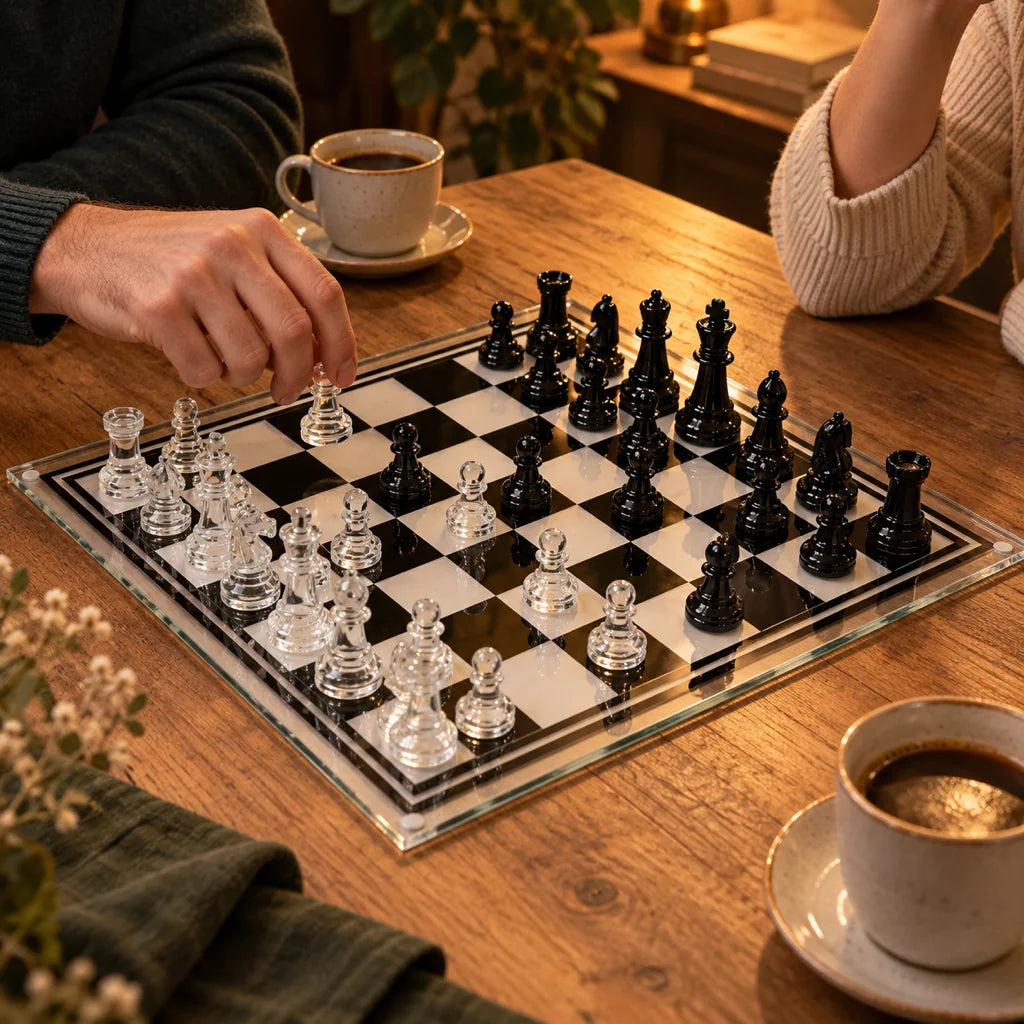 Jeu d’échecs Le Marais en verre — partie en cours