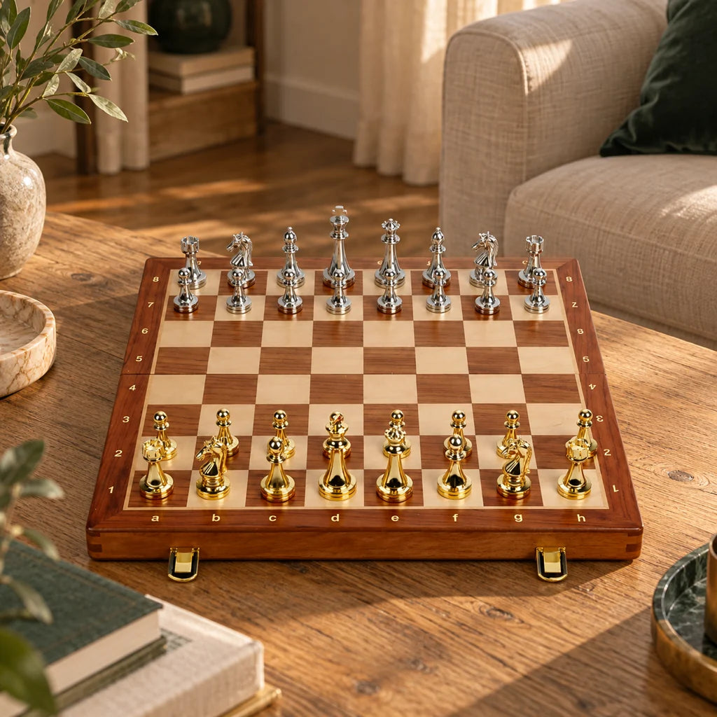 Jeu d’échecs Le Médaillon — mis en scène dans un salon