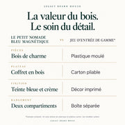 Jeu d’échecs Le Petit Nomade bleu magnétique — 20 cm, pièces en charme — tableau des matières et caractéristiques propres à ce modèle