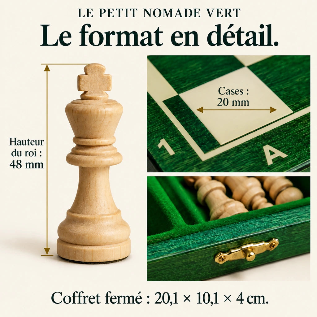 Jeu d’échecs Le Petit Nomade vert magnétique — dimensions du modèle et hauteur du roi confirmées par le fabricant