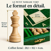 Jeu d’échecs Le Petit Nomade vert magnétique — dimensions du modèle et hauteur du roi confirmées par le fabricant
