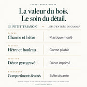 Jeu d’échecs Le Petit Trianon en bois — coffret pliant, roi 65 mm — tableau des matières et caractéristiques propres à ce modèle