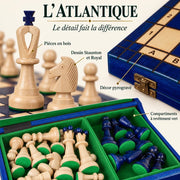 Jeu d’échecs L’Atlantique bleu en bois — gros plans des matières, des finitions et du rangement