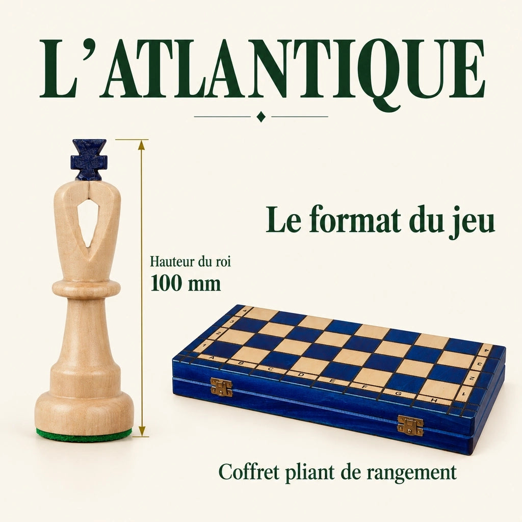 Jeu d’échecs L’Atlantique bleu en bois — dimensions vérifiées du modèle