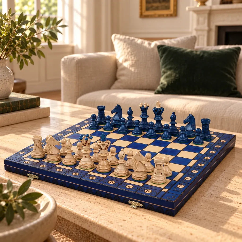Jeu d’échecs Le Diplomate bleu — le jeu complet dans un salon, damier 8 × 8
