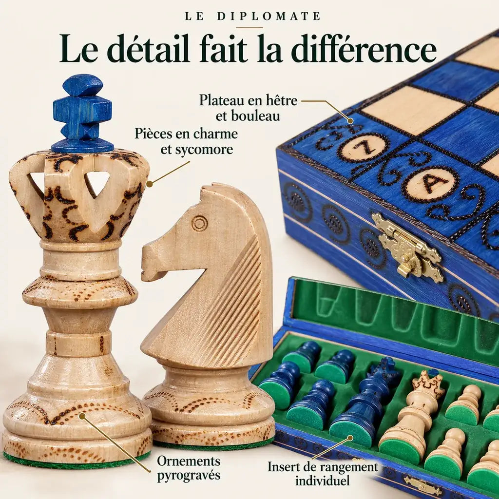 Le Diplomate — pièces en charme et sycomore, plateau en hêtre et bouleau, décors pyrogravés et insert individuel