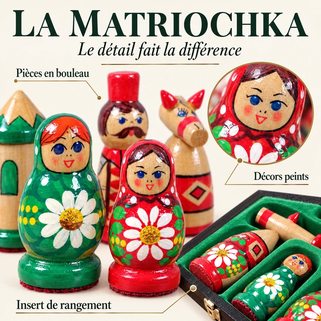 Jeu d’échecs La Matriochka verte — gros plans des matières, des finitions et du rangement
