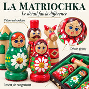 Jeu d’échecs La Matriochka verte — gros plans des matières, des finitions et du rangement