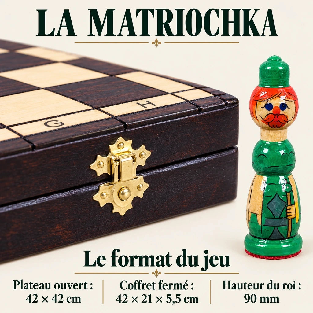 Jeu d’échecs La Matriochka verte — dimensions vérifiées du modèle