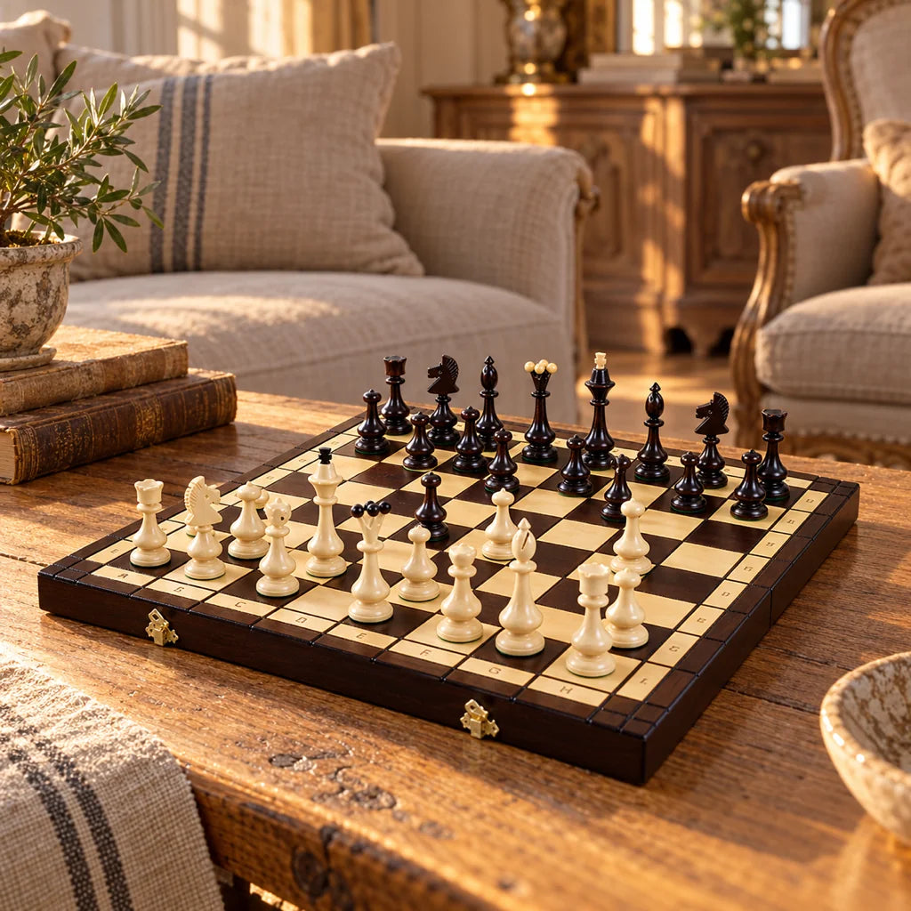 Jeu d’échecs Le Montagnard — mis en scène dans un salon